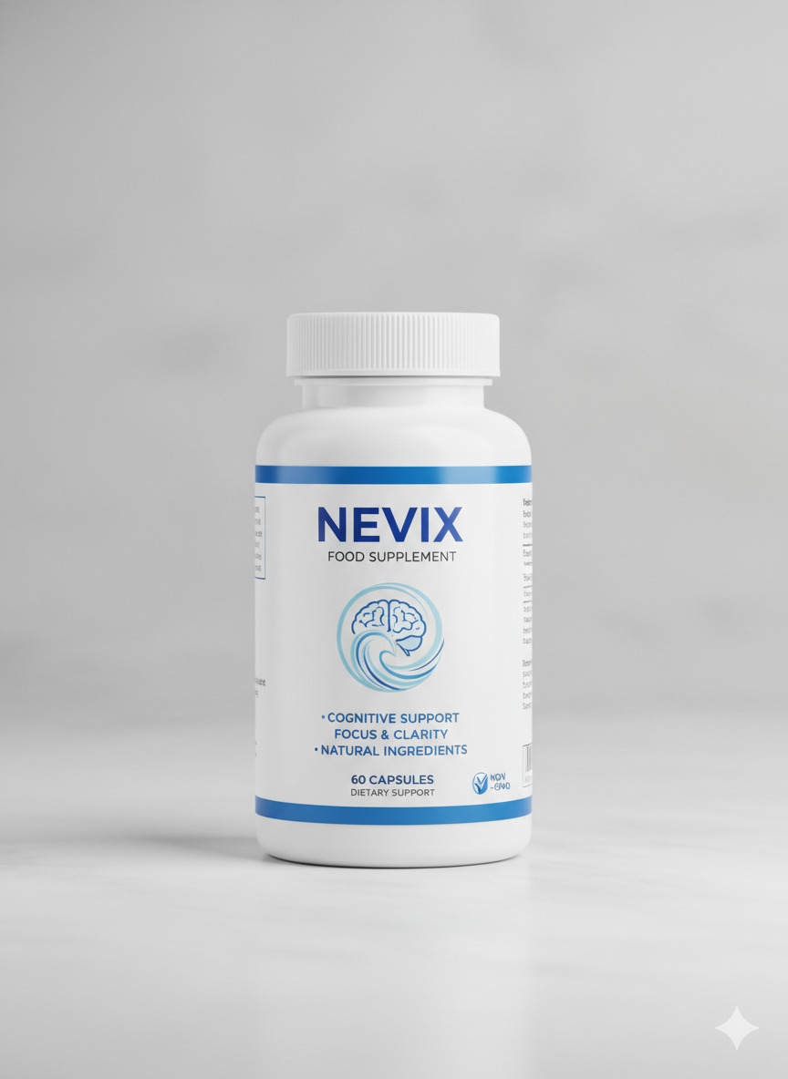 Nevix food supplement bottle with label on a neutral surface